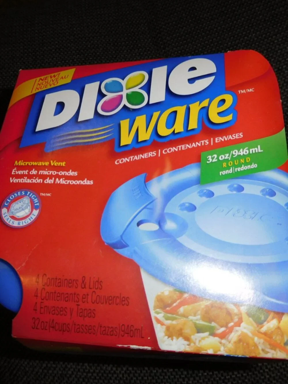 Dixie Ware 4 Count Pack Plastic Food Containers Microwave Vent 32 oz round NEW